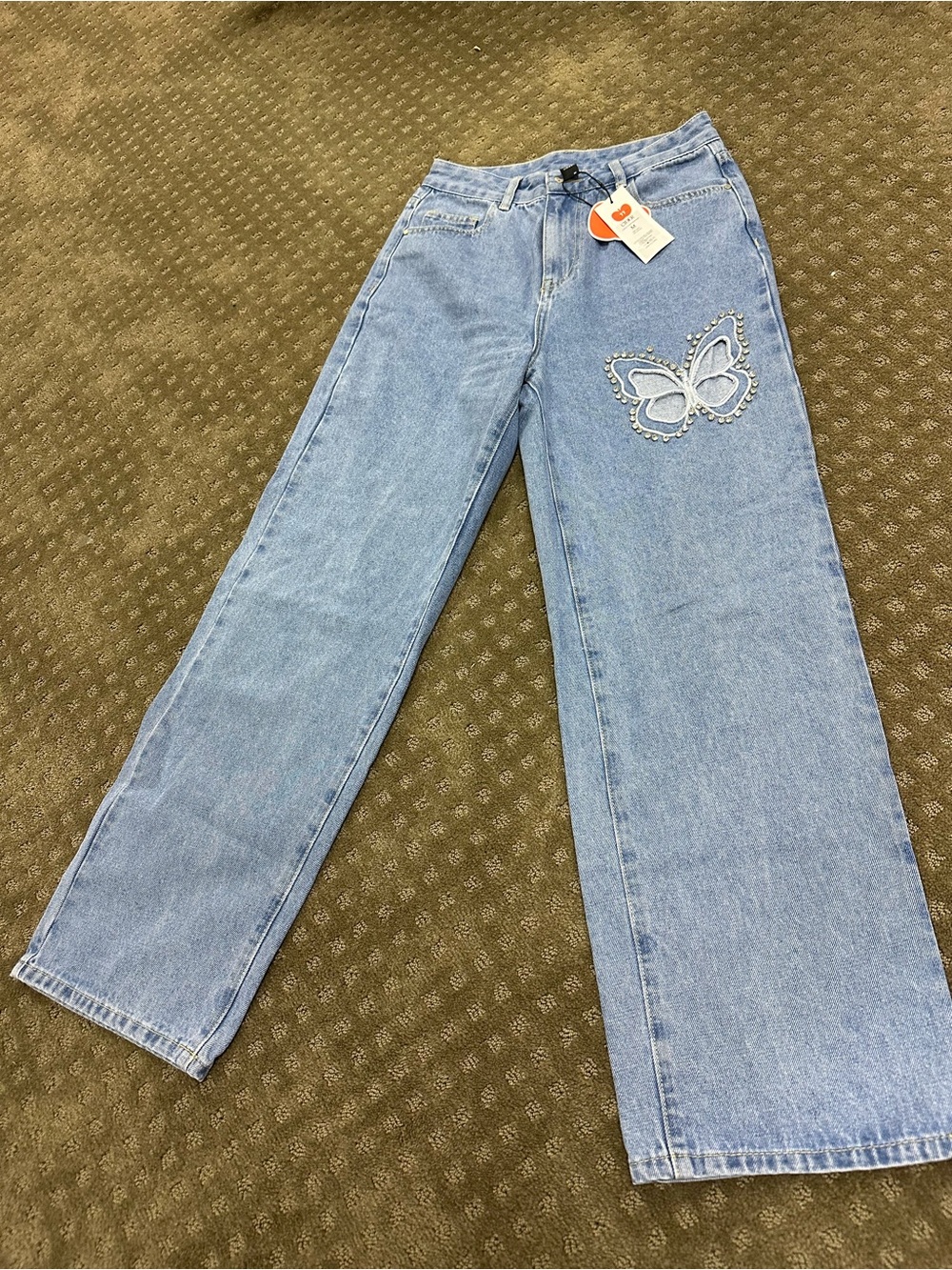 Cider Light Blue Wide Leg Jeans with Butterfly Gem Embroidery